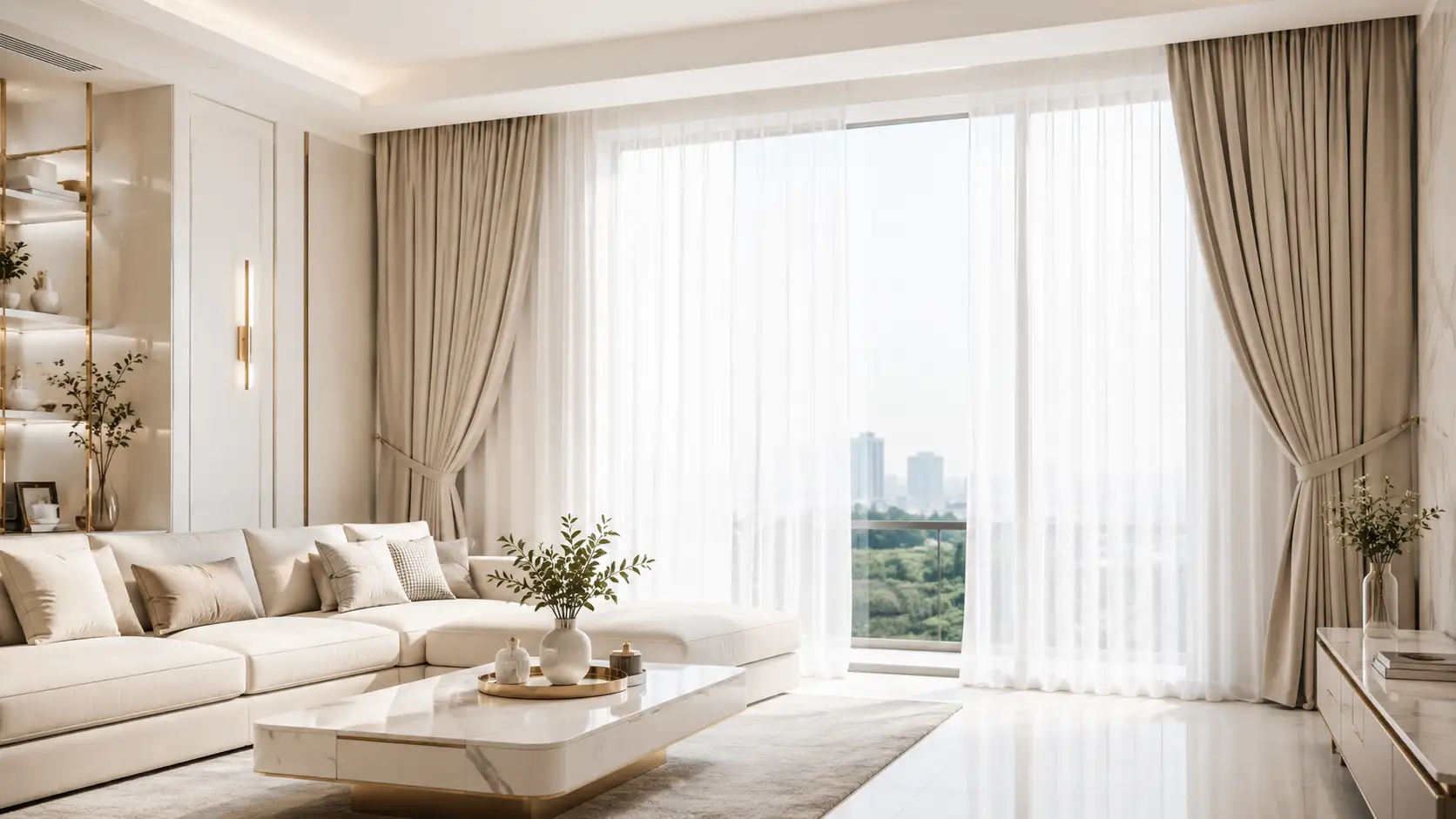 Flowing curtains framing a bright living room window
