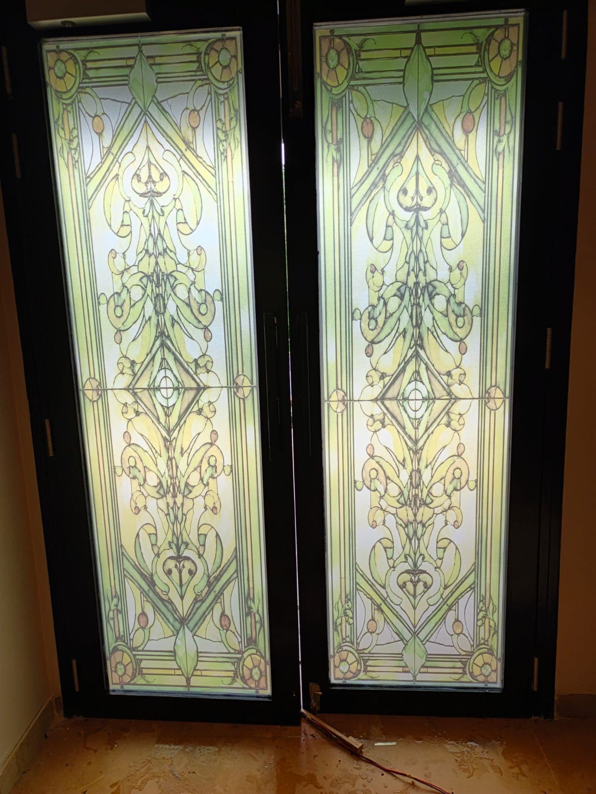 Decorative glass film installed on an office partition