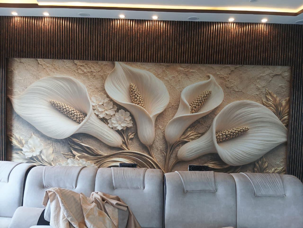 3D floral textured wall mural installed as a feature wall